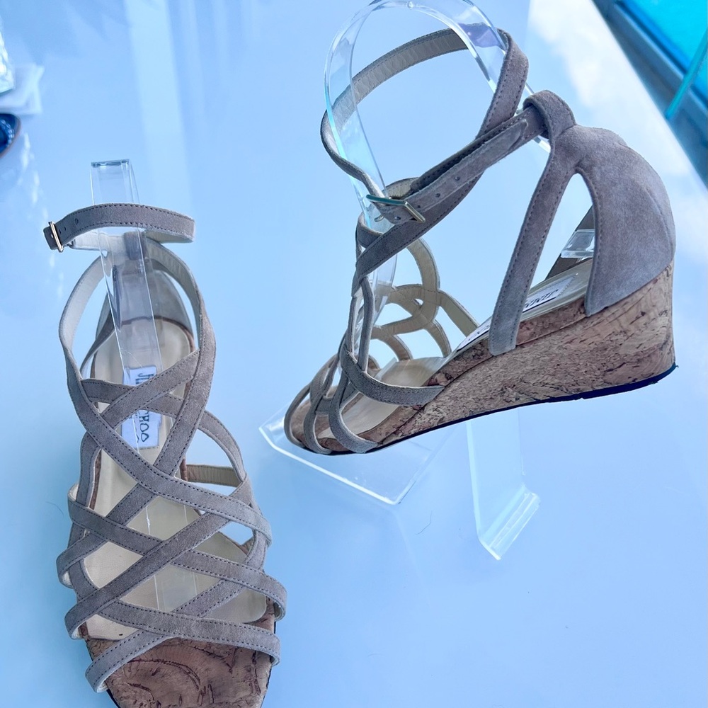 Jimmy Choo Beige Napa Suede Strappy Gladiator Cork Wedge Sandals - Picture 10 of 11